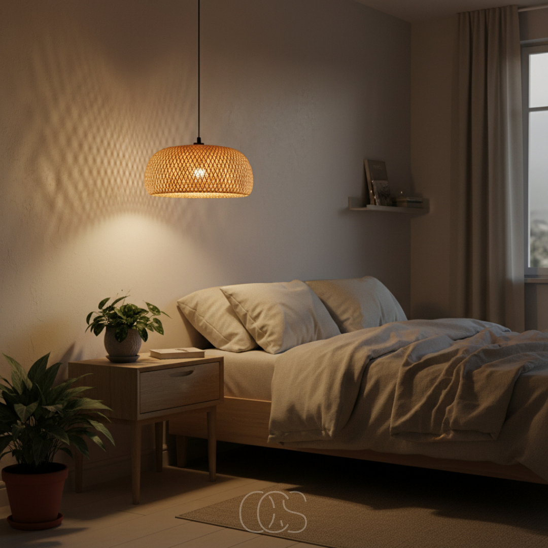 Suspension ovale en bambou tressé à la main avec jeu de lumière naturelle pour salon et salle à manger | Koossa