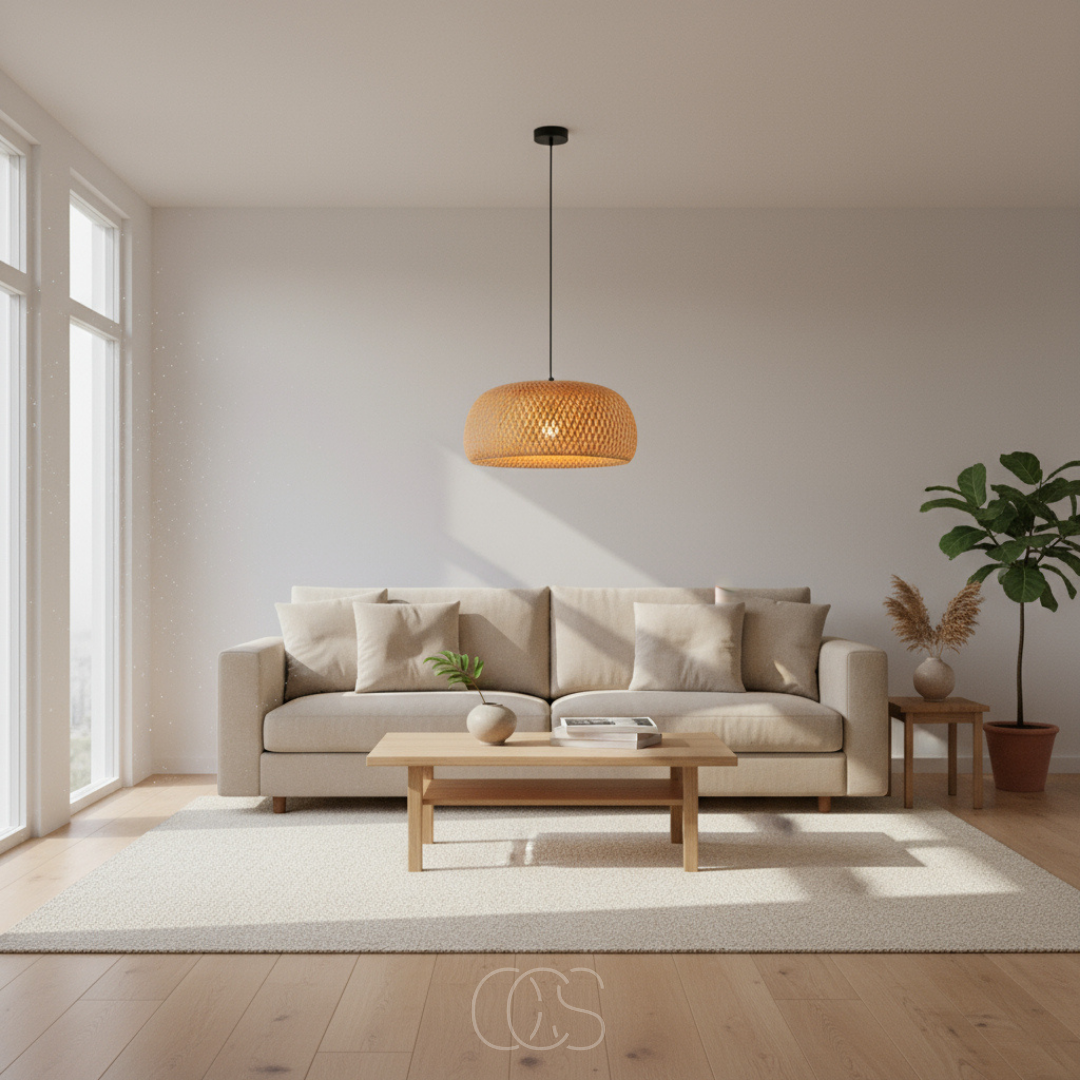 Suspension ovale en bambou tressé à la main avec jeu de lumière naturelle pour salon et salle à manger | Koossa