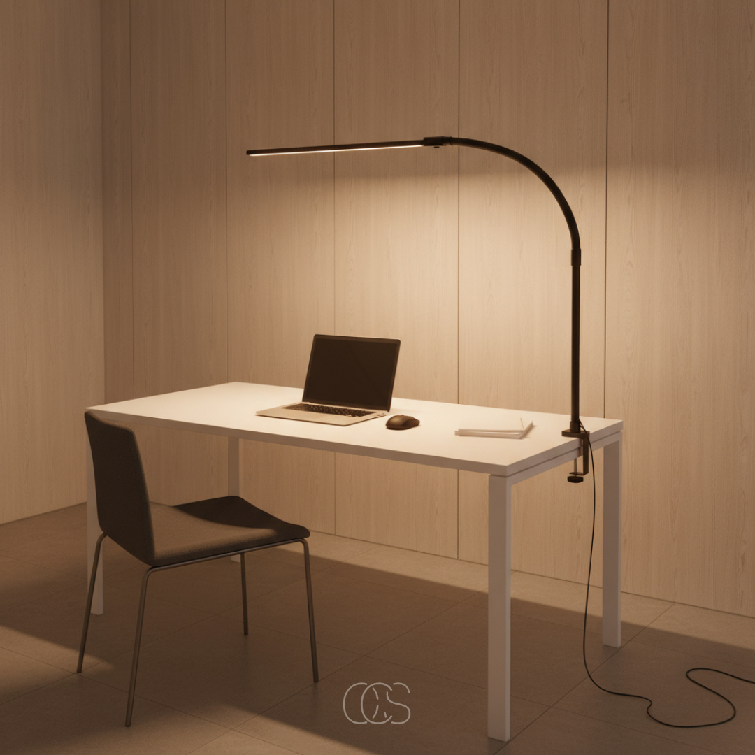 Lampe de bureau LED à pince articulée avec variateur tactile 3 températures de lumière réglables pour travail | Koossa