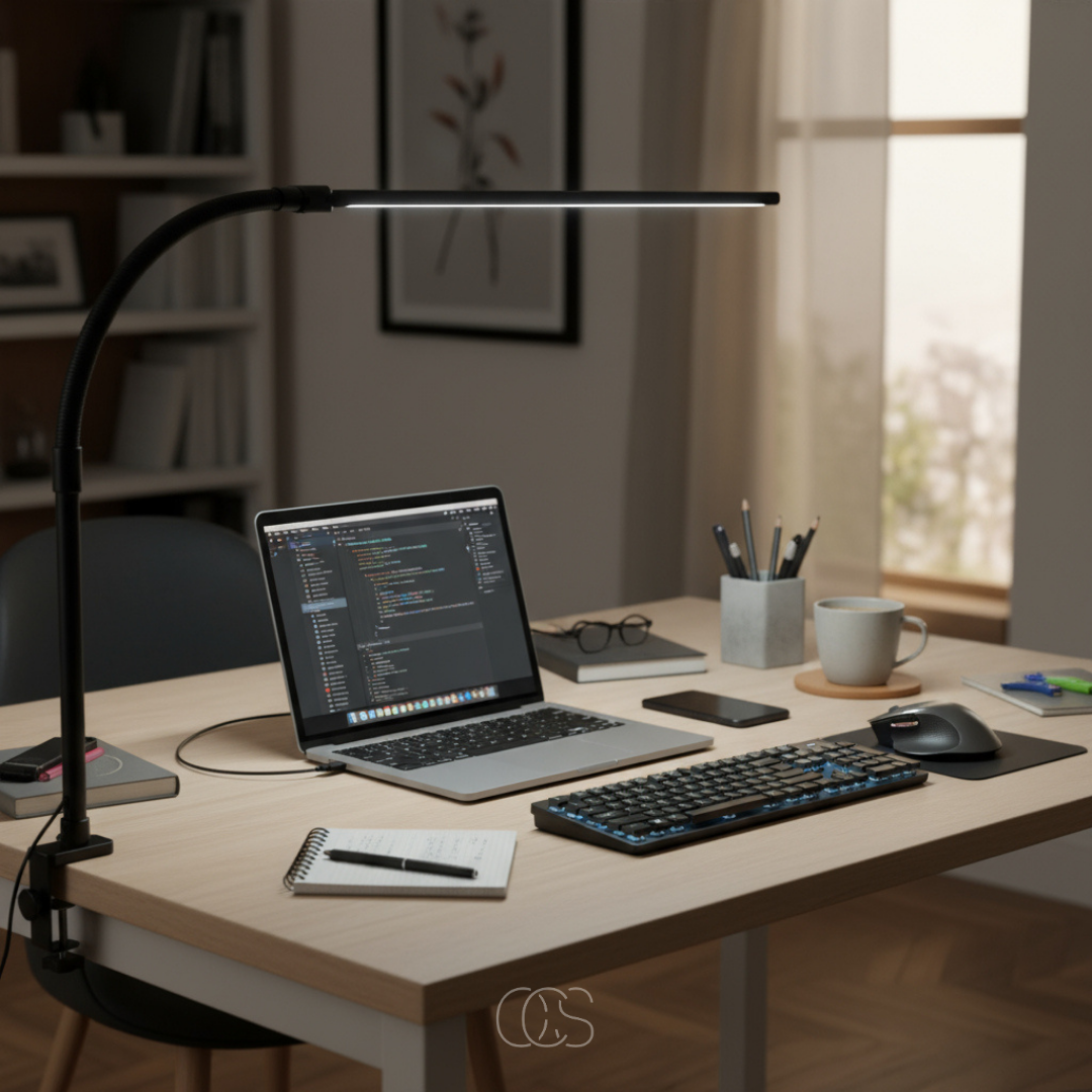 Lampe de bureau LED à pince articulée avec variateur tactile 3 températures de lumière réglables pour travail | Koossa