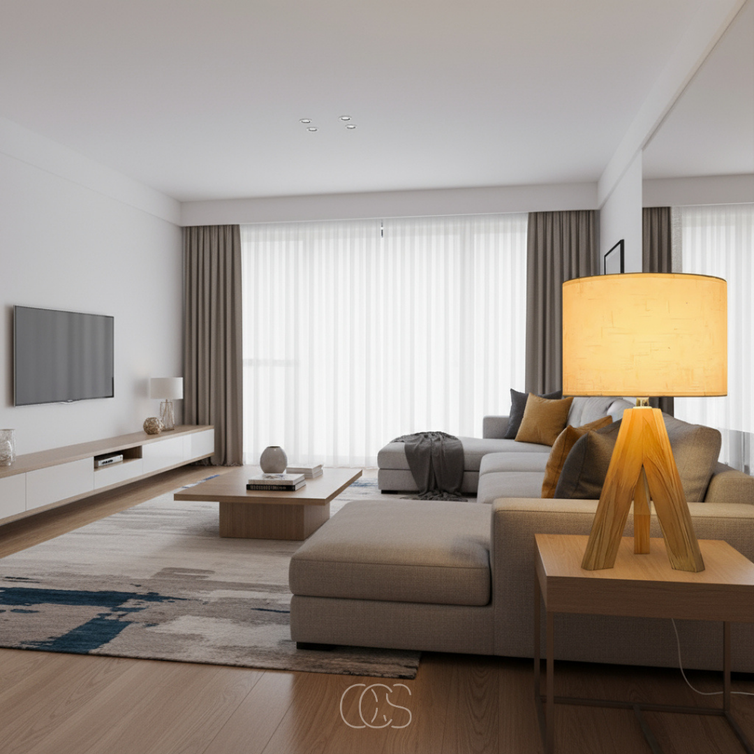 Lampe à poser en bois naturel et textile blanc sobre pour salon chambre chevet dressoir ambiance chaleureuse | Koossa