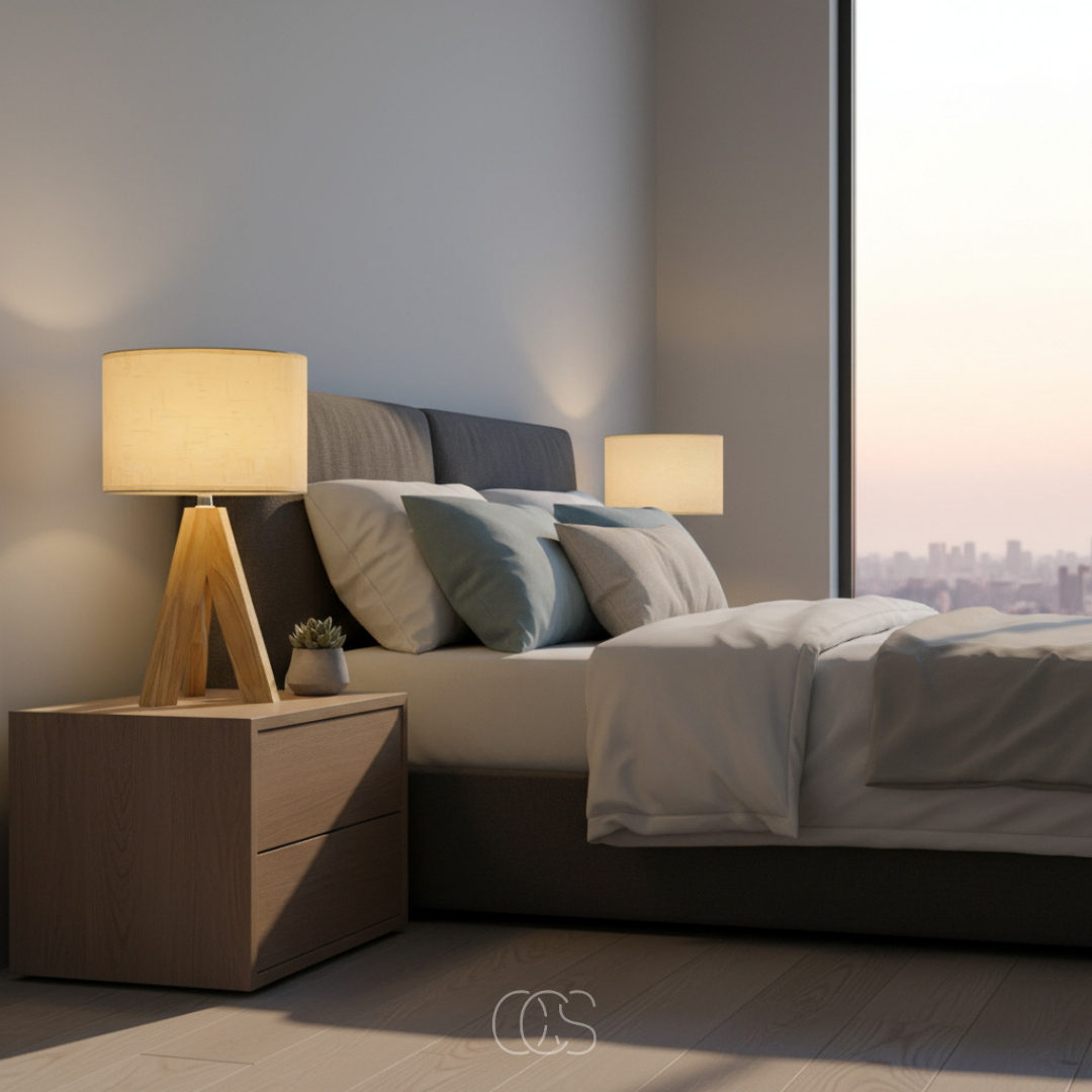 Lampe à poser en bois naturel et textile blanc sobre pour salon chambre chevet dressoir ambiance chaleureuse | Koossa