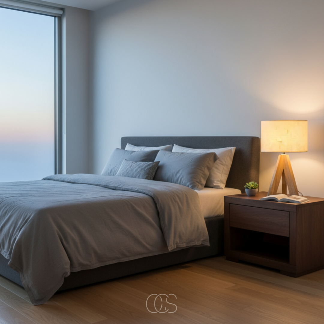 Lampe à poser en bois naturel et textile blanc sobre pour salon chambre chevet dressoir ambiance chaleureuse | Koossa