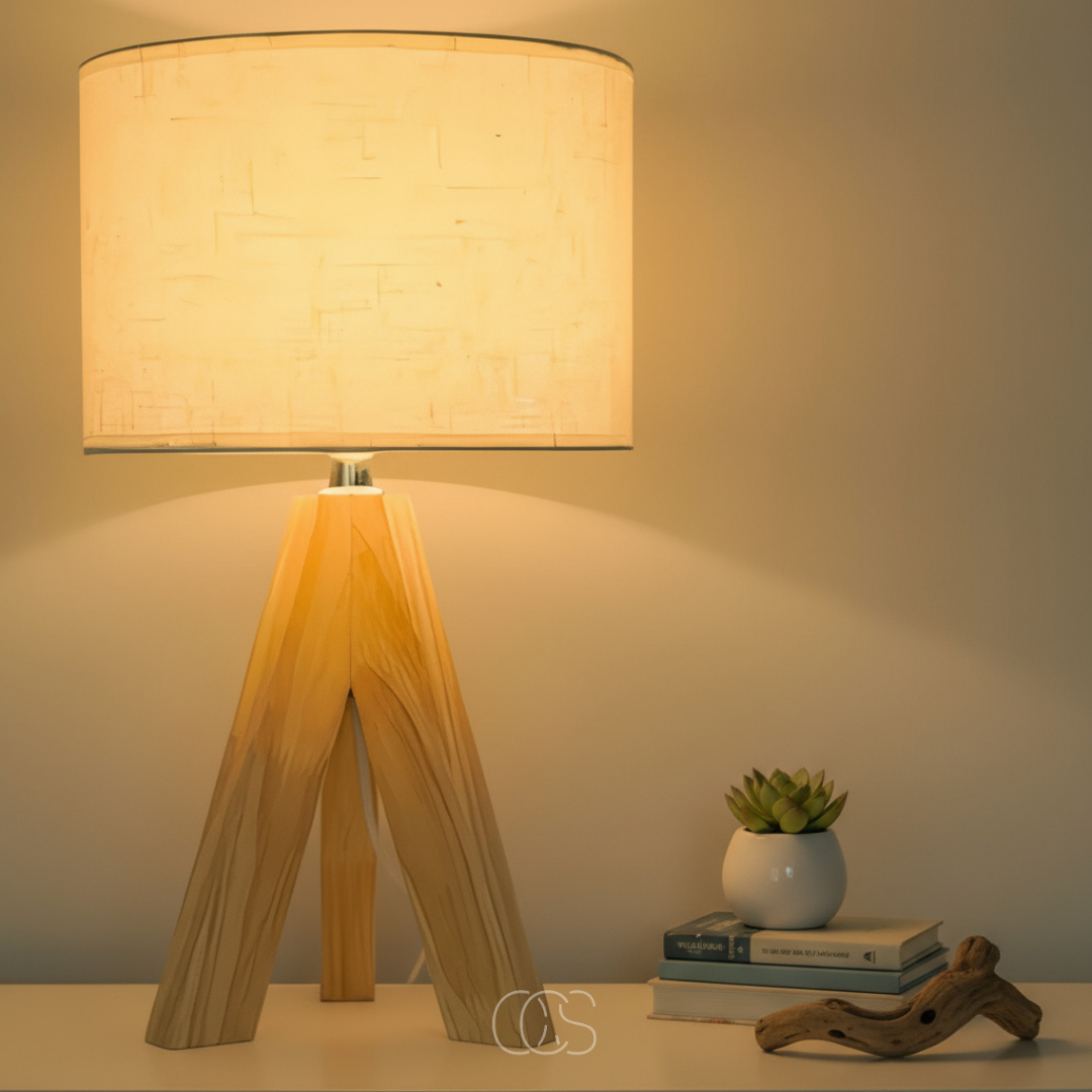 Lampe à poser en bois naturel et textile blanc sobre pour salon chambre chevet dressoir ambiance chaleureuse | Koossa