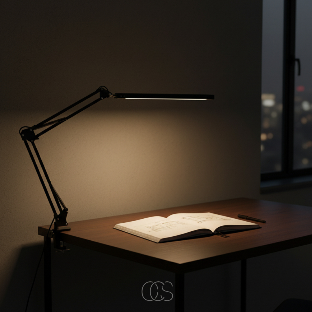Lampe de bureau LED flexible à pince 360° dimmable métal noir design ergonomique lumière douce lecture | Koossa