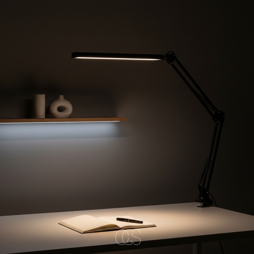 Lampe de bureau LED flexible à pince 360° dimmable métal noir design ergonomique lumière douce lecture | Koossa