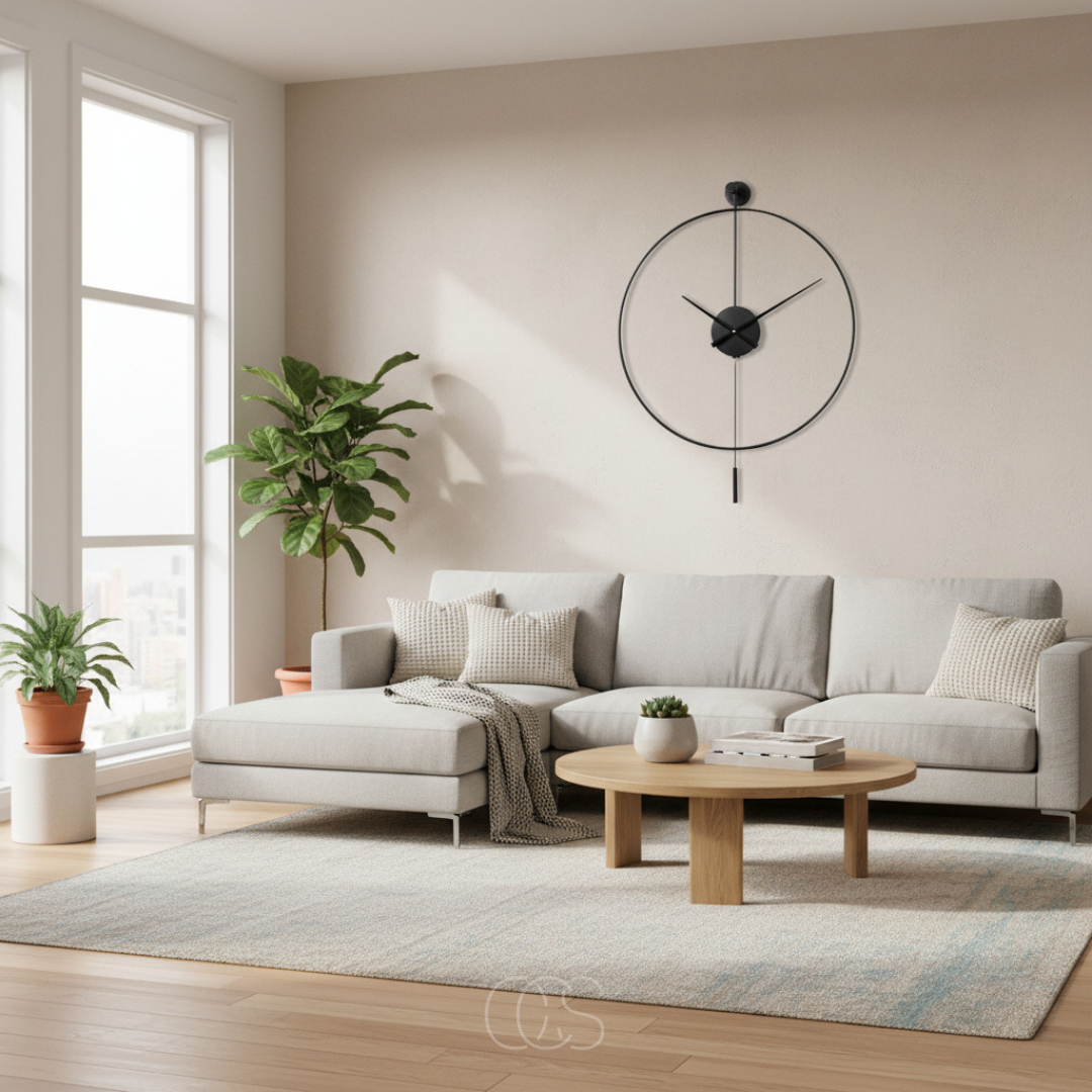 Horloge murale ronde silencieuse Ø 50 cm métal noir avec balancier décoratif élégant style industriel | Koossa