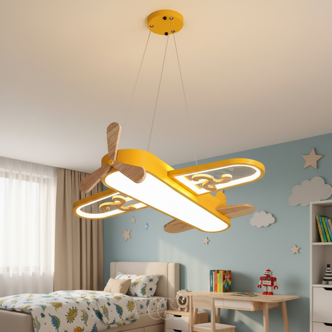 Suspension avion LED dimmable pour chambre d'enfant en fer et acrylique coloré 55 cm luminaire ludique déco | Koossa