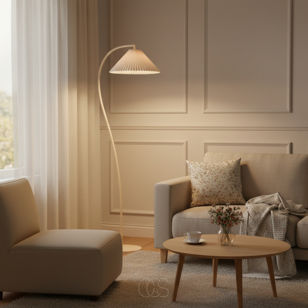 Lampadaire arc textile plissé beige 152 cm salon lecture E27 ambiance chaleureuse élégante fauteuil chambre | Koossa