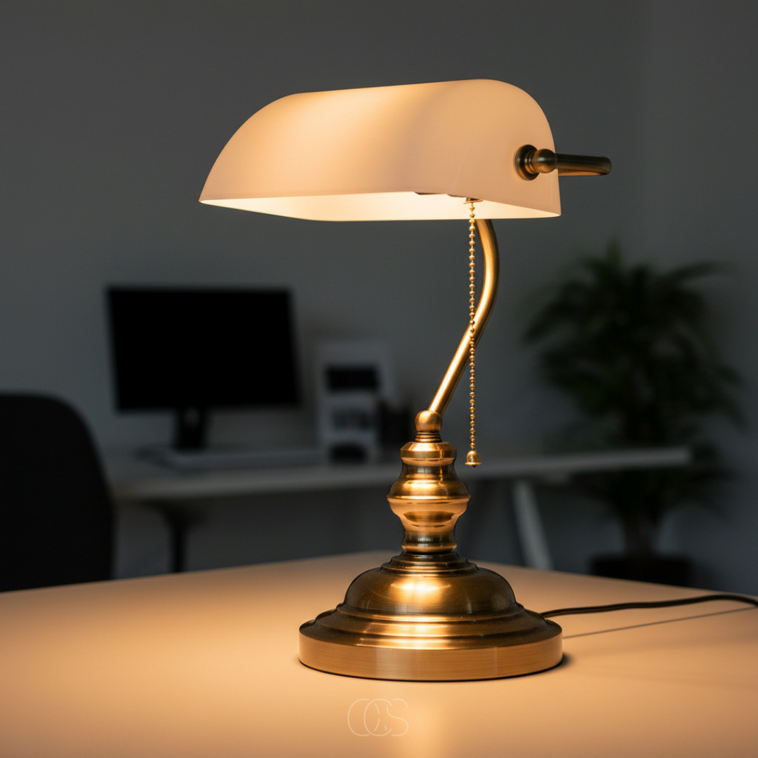 Lampe de bureau classique à abat-jour blanc pivotant et pied en laiton antique style banquier rétro élégant | Koossa