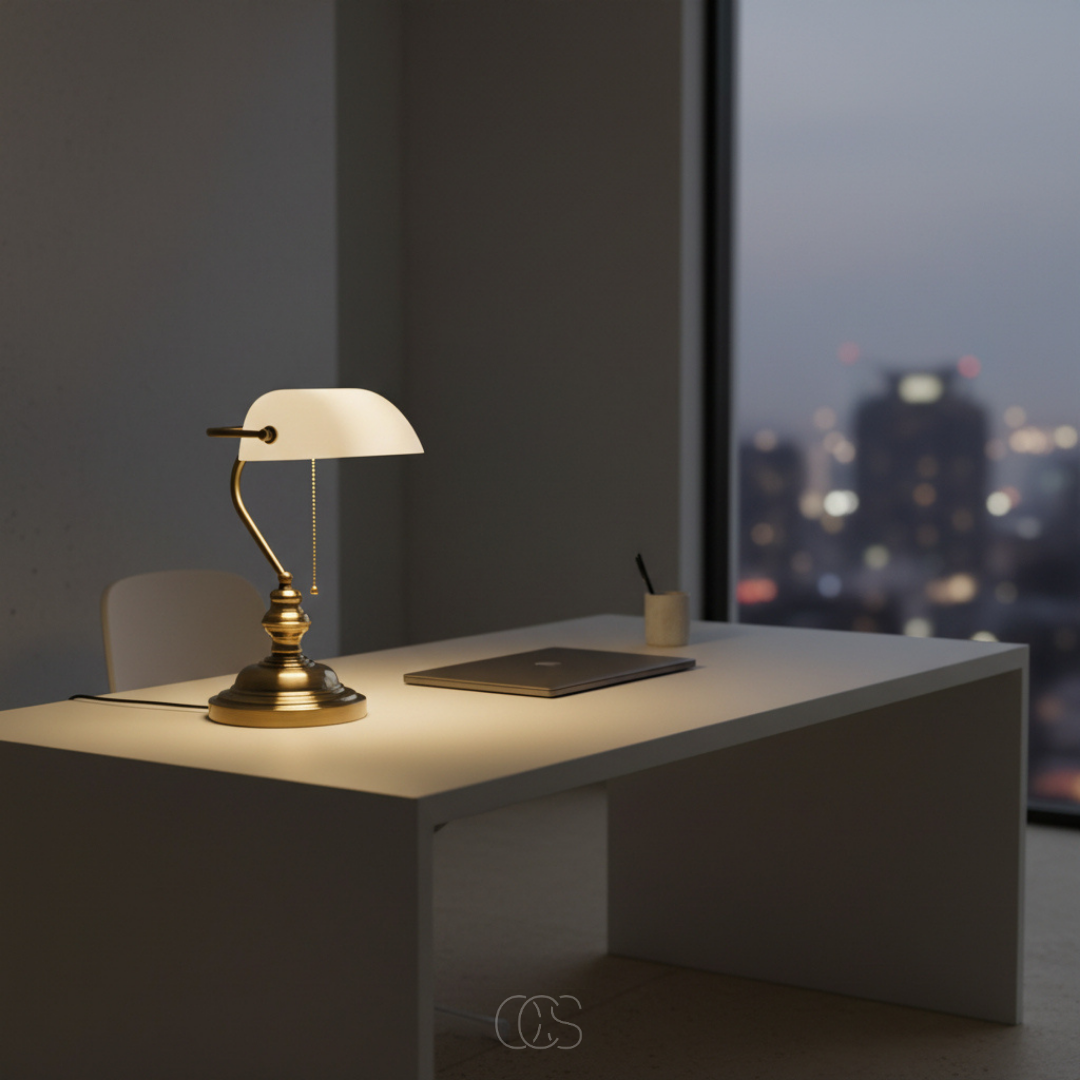 Lampe de bureau classique à abat-jour blanc pivotant et pied en laiton antique style banquier rétro élégant | Koossa
