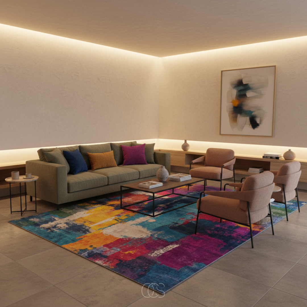 Tapis Abstract Multicolore 200×230 cm Motif Marbré Moderne Salon Chambre Design Contemporain Polyester | Koossa