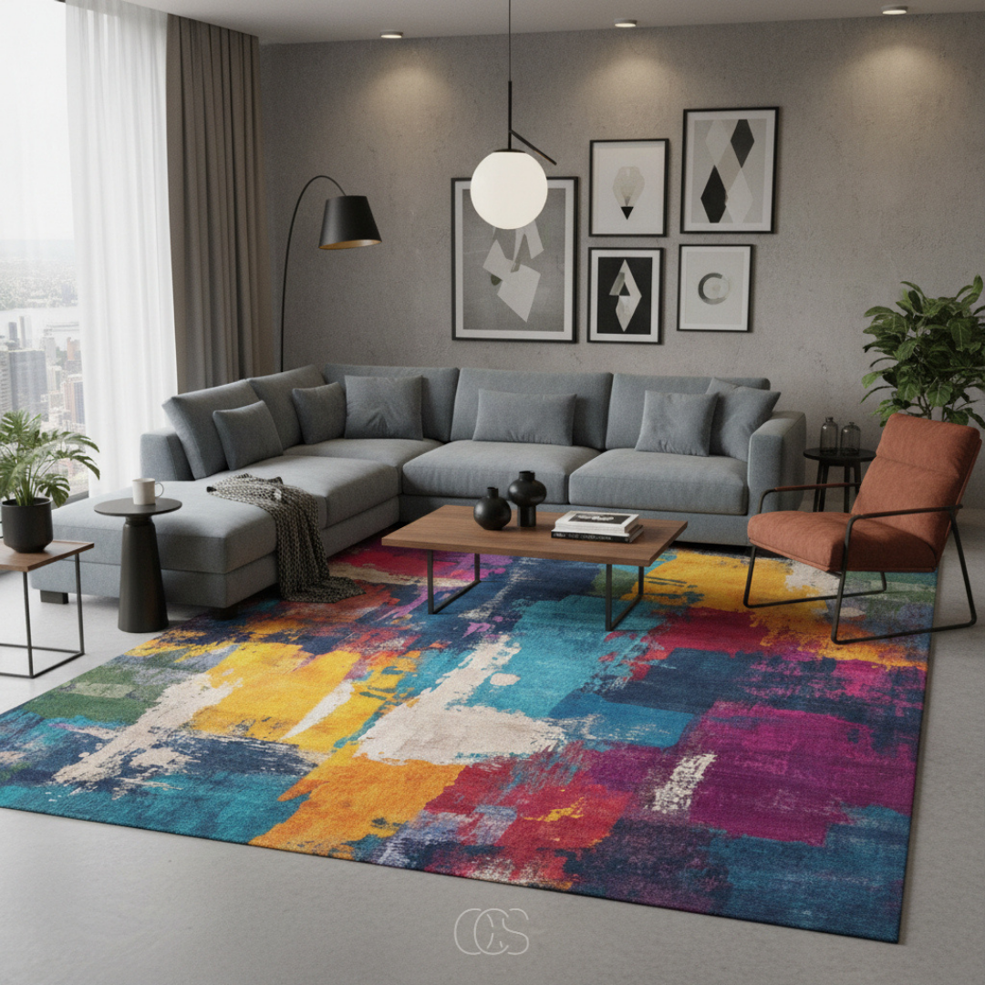 Tapis Abstract Multicolore 200×230 cm Motif Marbré Moderne Salon Chambre Design Contemporain Polyester | Koossa