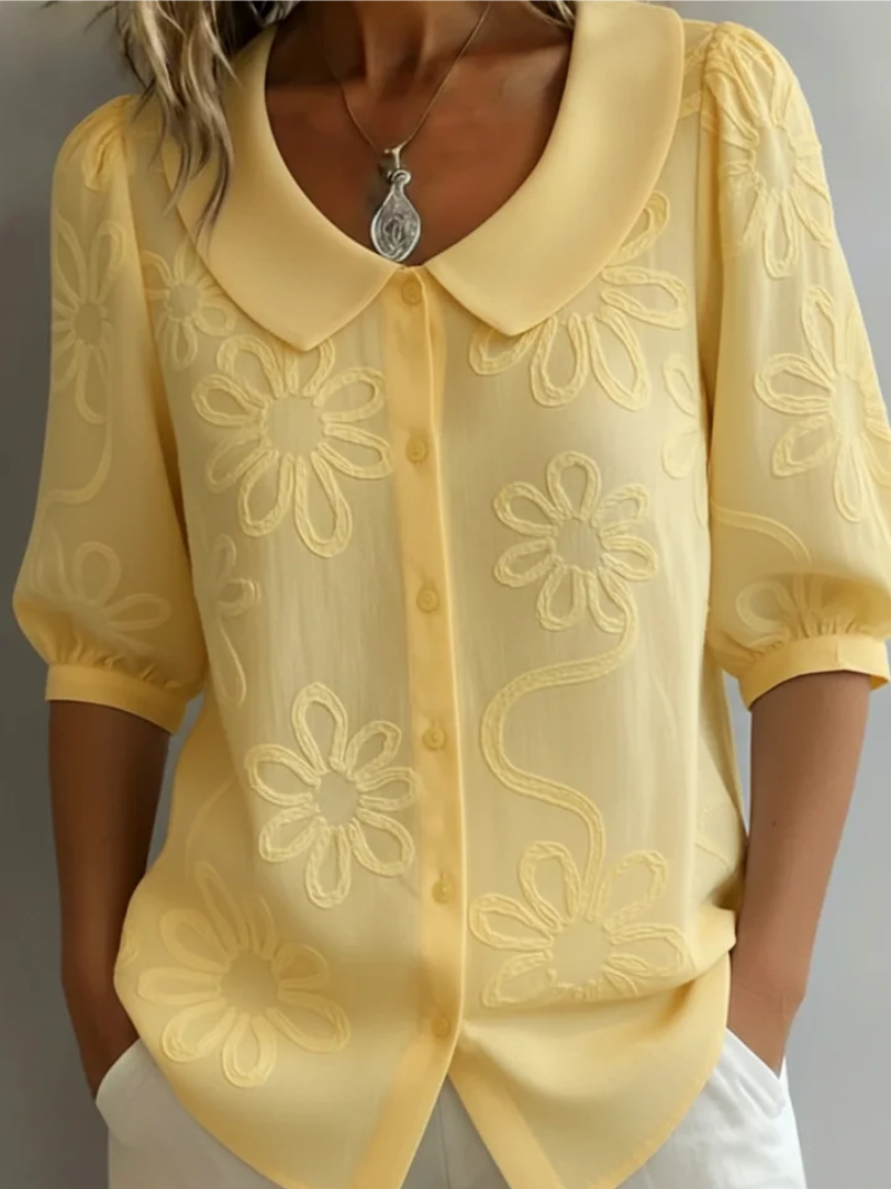 Women's Embroidered Cotton Blouse with Button-Front Detail in Yellow, White, Black, Blue & Navy | Classic Short Sleeve Floral Top | Koossa