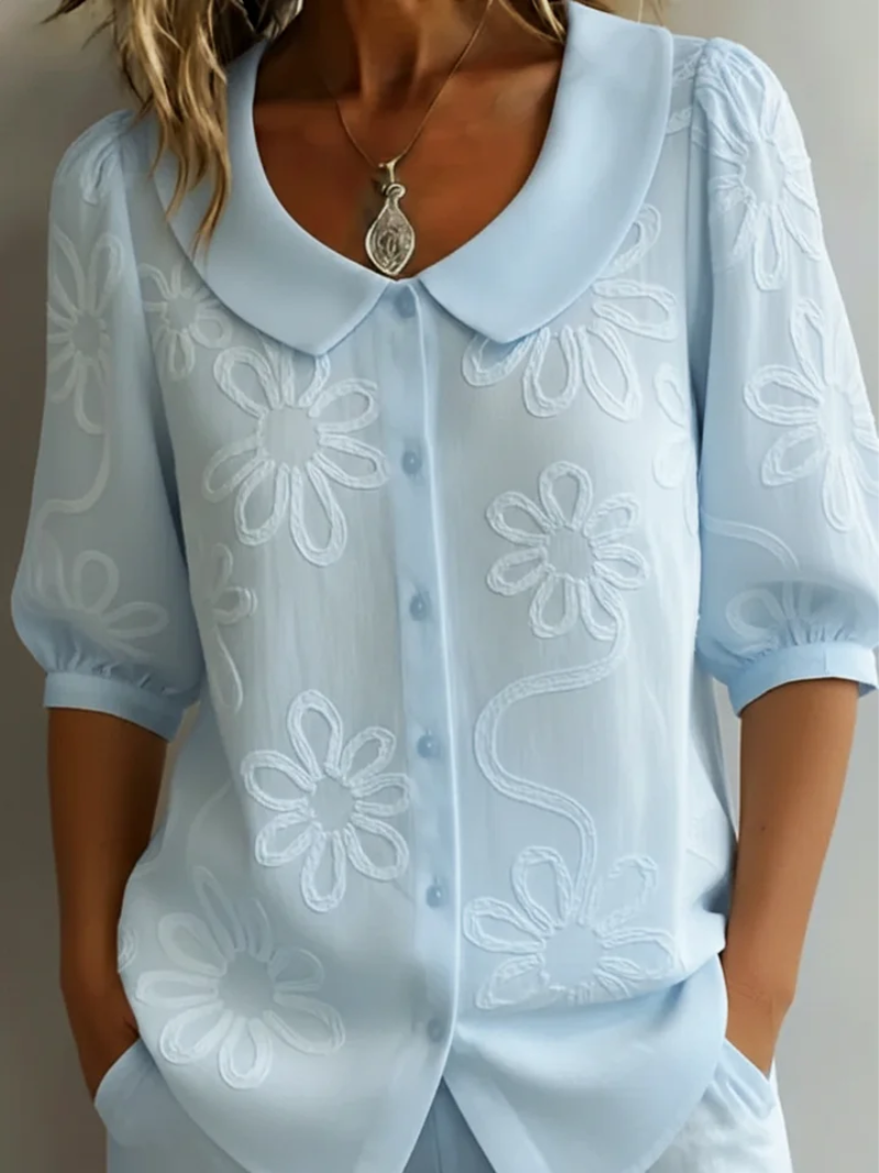 Women's Embroidered Cotton Blouse with Button-Front Detail in Yellow, White, Black, Blue & Navy | Classic Short Sleeve Floral Top | Koossa
