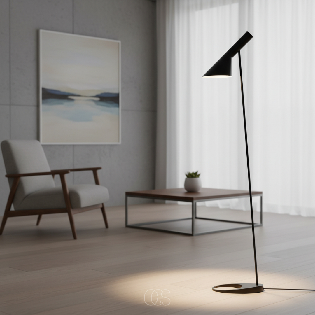 Lampadaire inclinable scandinave en métal avec abat-jour orientable idéal pour lecture salon et ambiance cosy | Koossa