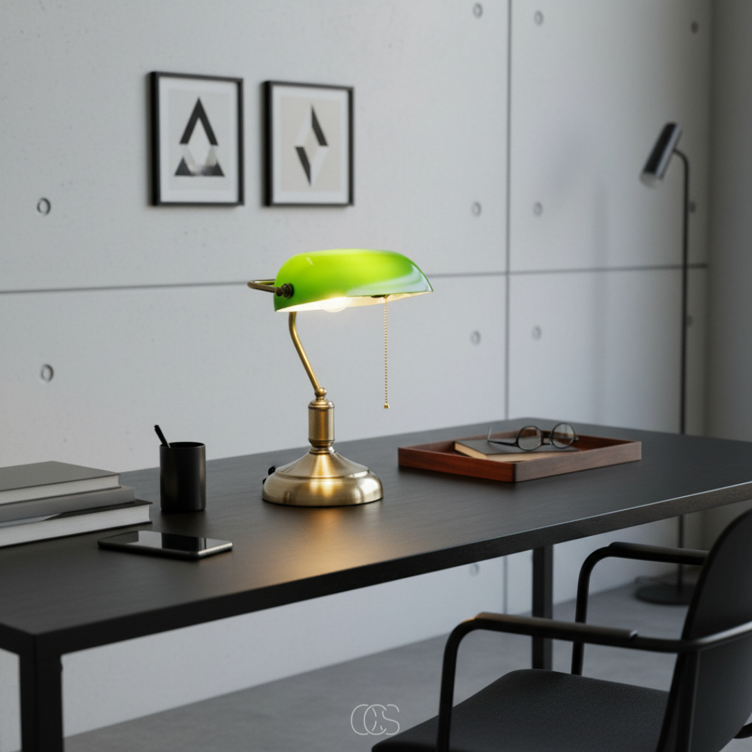 Lampe de bureau classique à abat-jour blanc pivotant et pied en laiton antique style banquier rétro élégant | Koossa