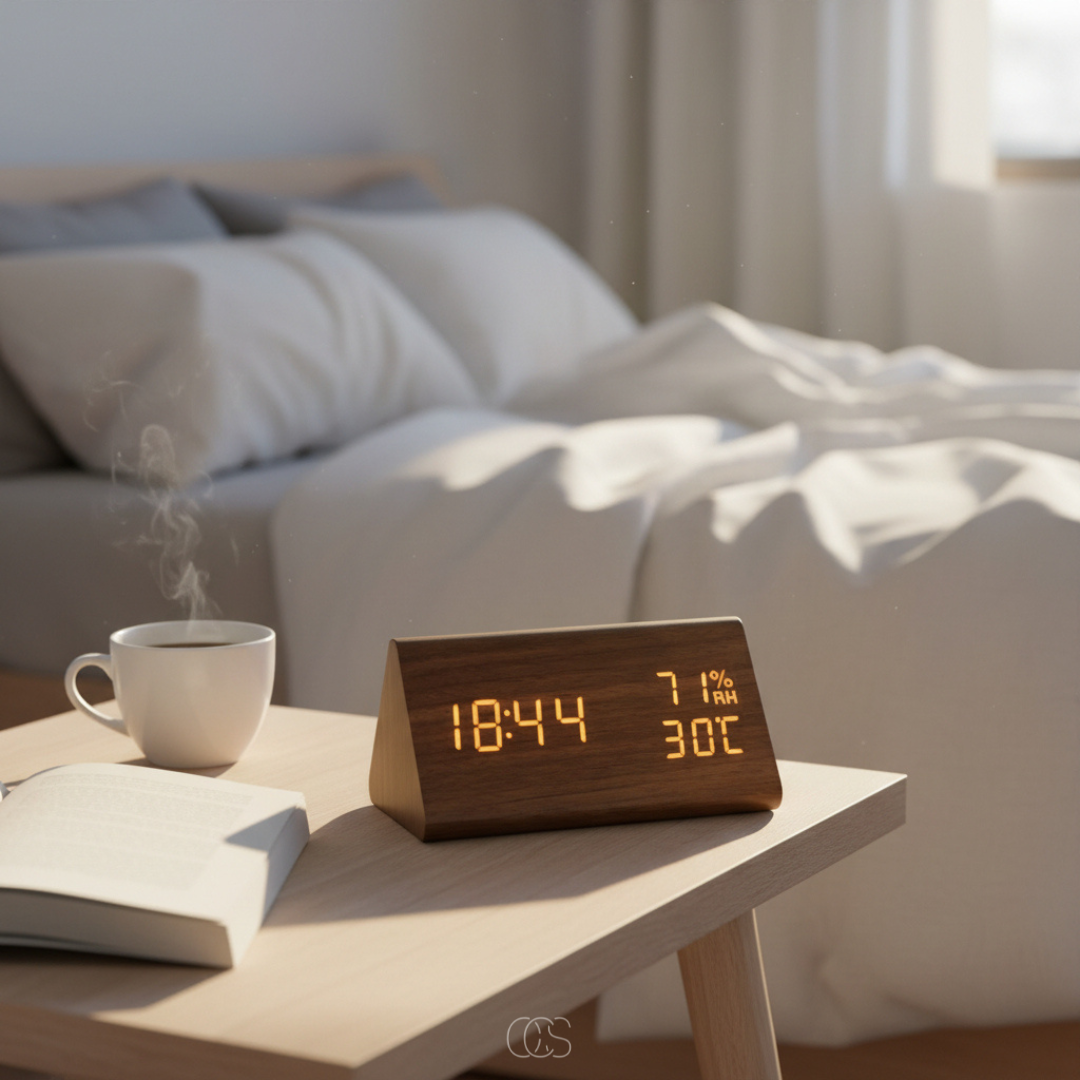 Réveil LED en Bois avec Affichage Température et Humidité – Réveil numérique silencieux à intensité variable | Koossa