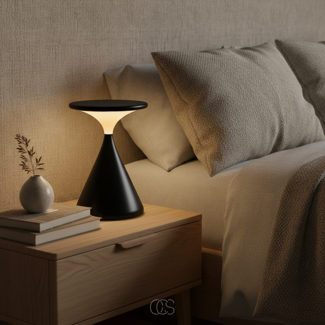 Lampe de table sans fil tactile LED rechargeable USB-C design sablier en aluminium noir mat élégante d'ambiance | Koossa