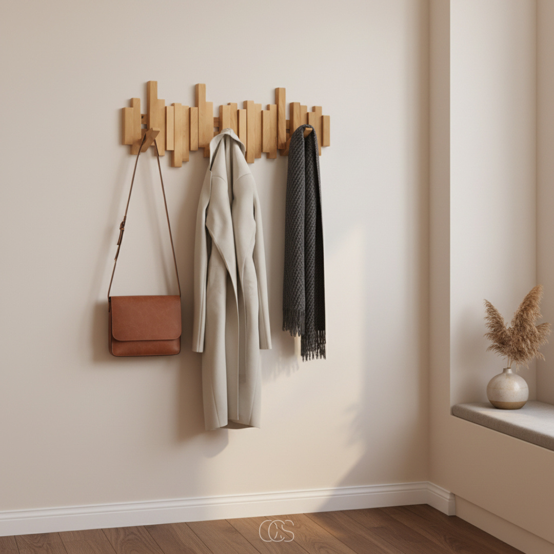 Patère murale en bois massif à crochets escamotables design touche de piano pour entrée chambre couloir | Koossa
