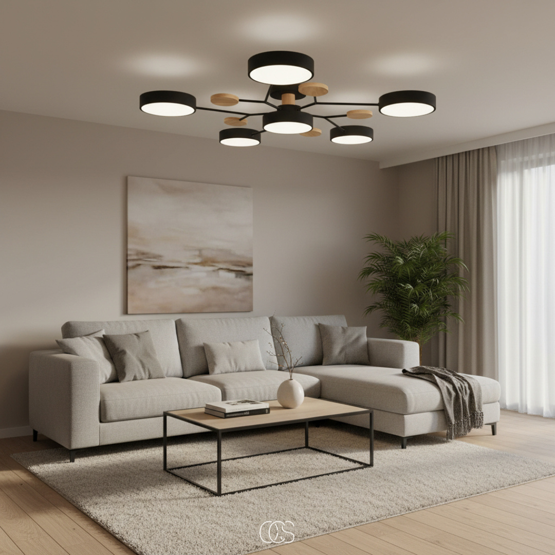 Plafonnier LED rond en métal blanc avec 4 à 6 spots orientables pour salon séjour chambre style moderne | Koossa