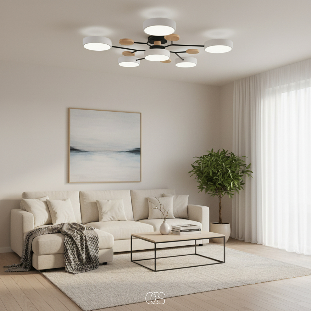 Plafonnier LED rond en métal blanc avec 4 à 6 spots orientables pour salon séjour chambre style moderne | Koossa