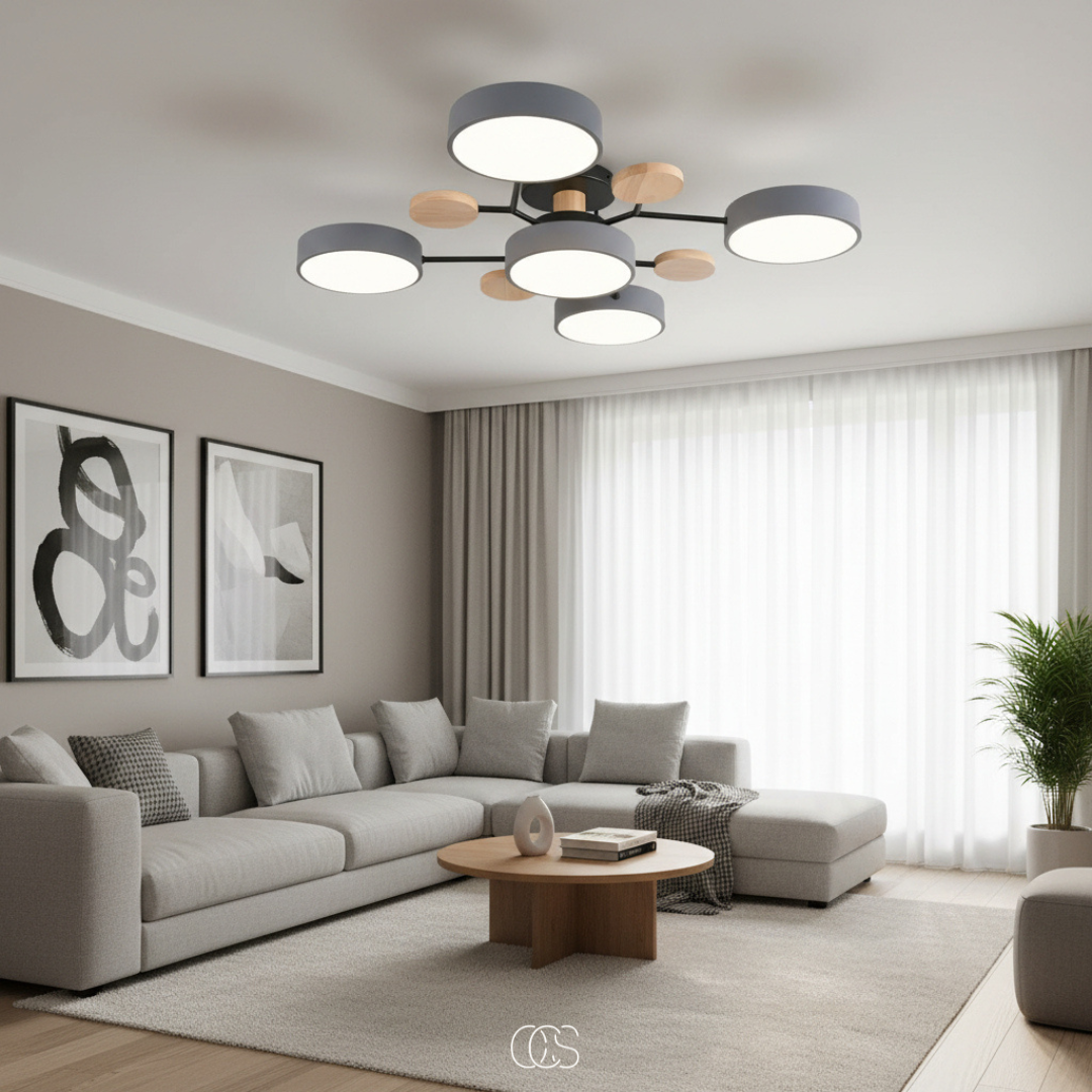 Plafonnier LED rond en métal blanc avec 4 à 6 spots orientables pour salon séjour chambre style moderne | Koossa