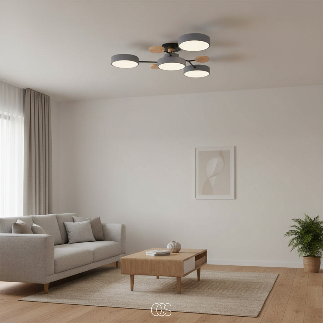 Plafonnier LED rond en métal blanc avec 4 à 6 spots orientables pour salon séjour chambre style moderne | Koossa