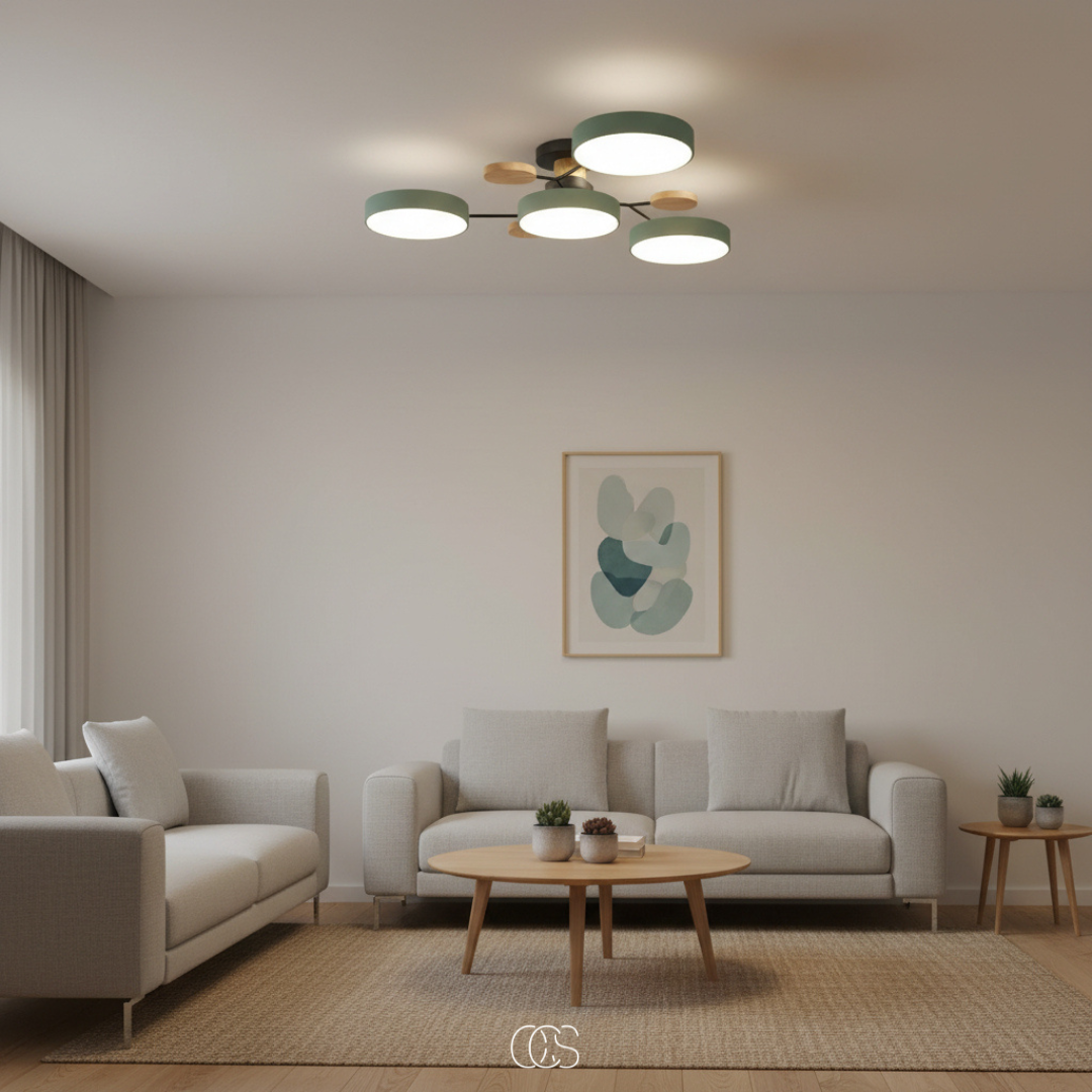 Plafonnier LED rond en métal blanc avec 4 à 6 spots orientables pour salon séjour chambre style moderne | Koossa