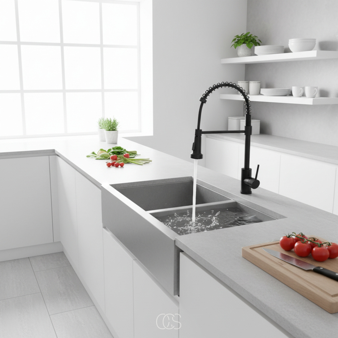 Mitigeur de cuisine professionnel avec douchette extractible col rotatif 360° en laiton acier inoxydable | Koossa