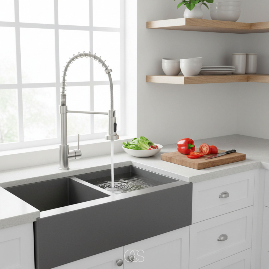 Mitigeur de cuisine professionnel avec douchette extractible col rotatif 360° en laiton acier inoxydable | Koossa