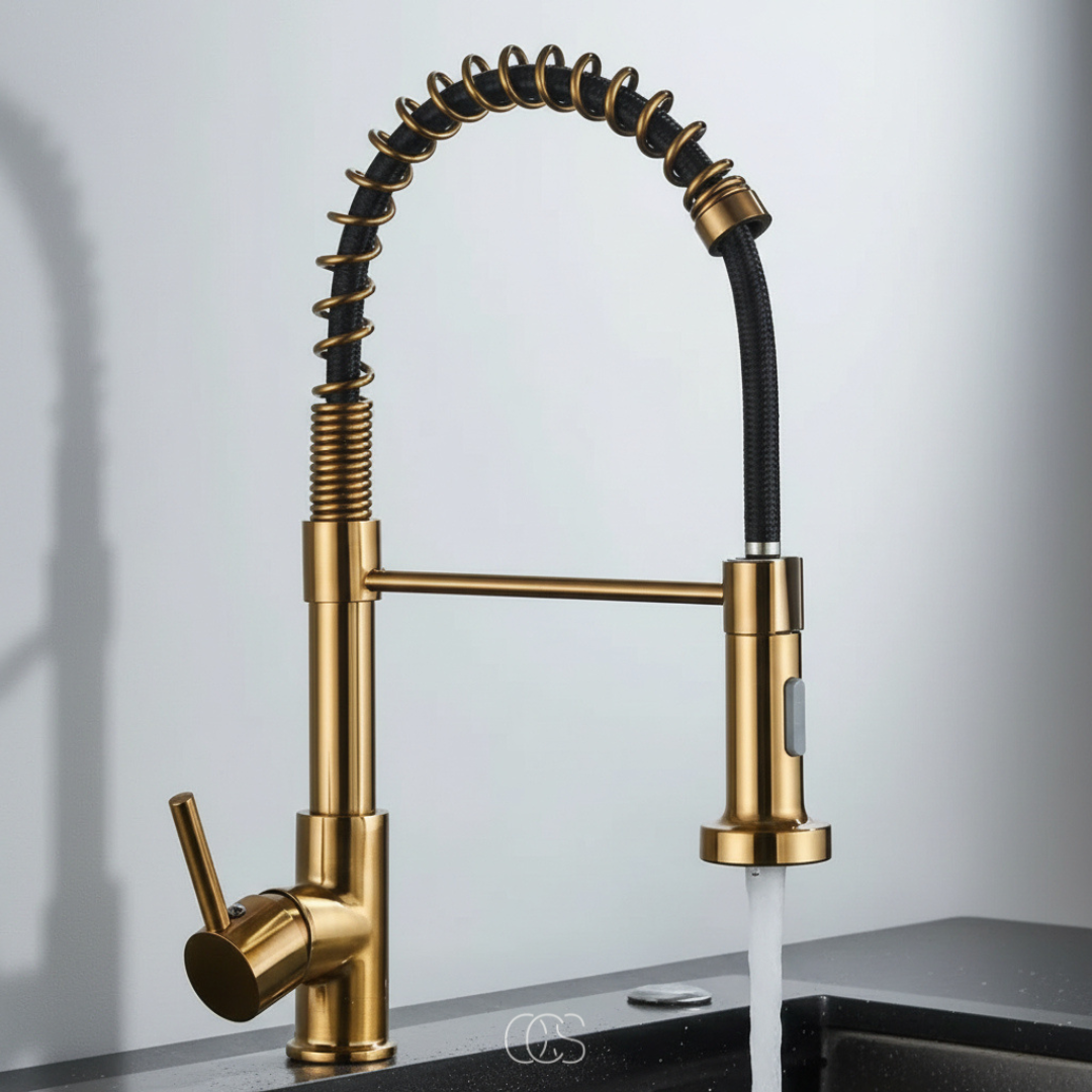 Mitigeur de cuisine professionnel avec douchette extractible col rotatif 360° en laiton acier inoxydable | Koossa