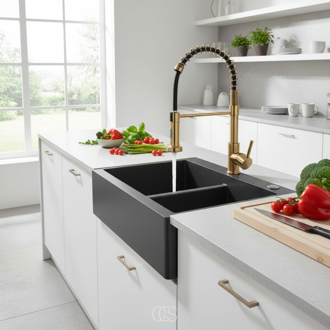 Mitigeur de cuisine professionnel avec douchette extractible col rotatif 360° en laiton acier inoxydable | Koossa