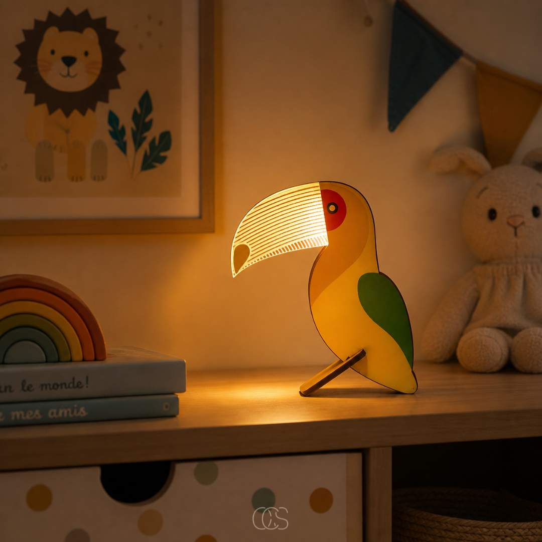 Lampe à Poser LED Enfant Motif Animal en Bois Naturel Veilleuse Douce Chambre Bébé Décoration Scandinave | Koossa