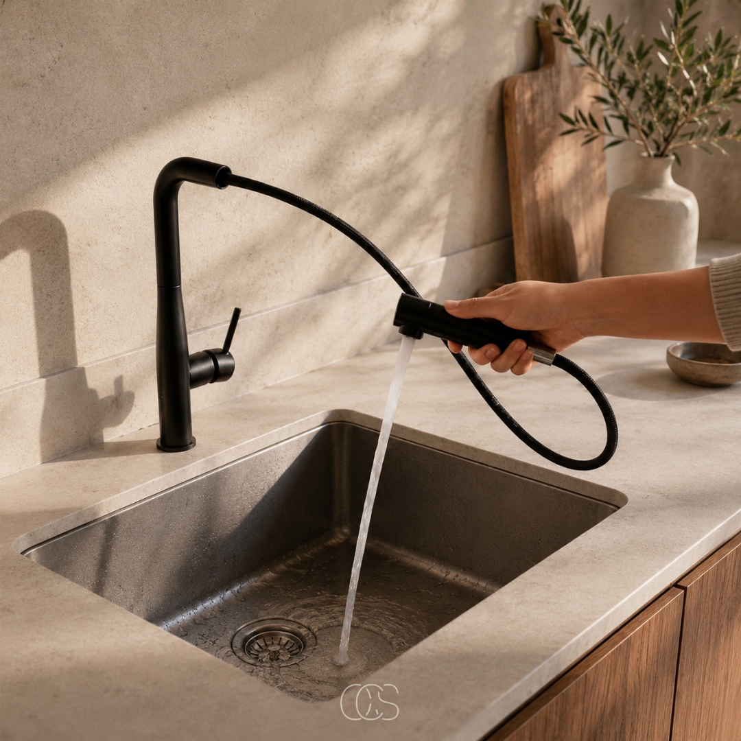 Mitigeur de cuisine en inox brossé avec douchette extractible haute – finition mate sobre et robuste pour évier | Koossa