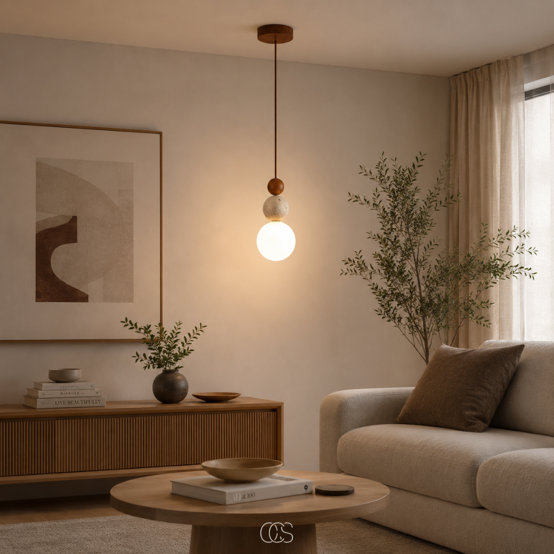 Suspension globe en travertin et verre soufflé pour éclairage d'ambiance minimaliste style Japandi contemporain | Koossa