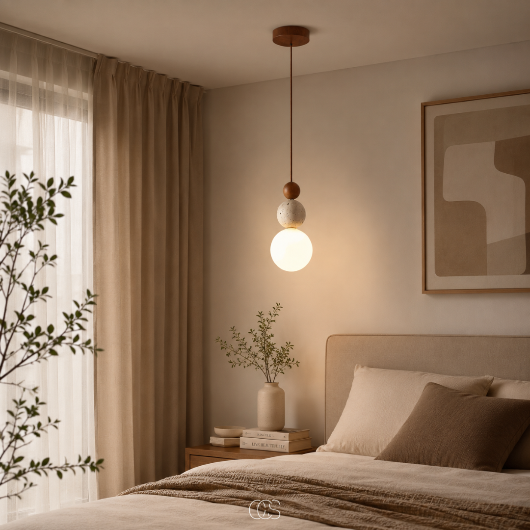 Suspension globe en travertin et verre soufflé pour éclairage d'ambiance minimaliste style Japandi contemporain | Koossa