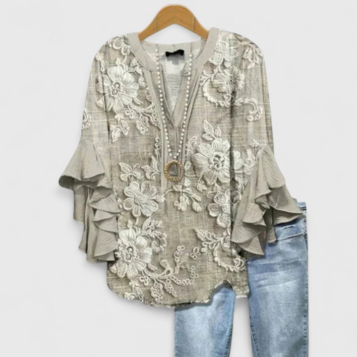 Women's Layered Ruffle Sleeve Blouse in Floral Print | Flowing Fit Feminine Top | Koossa