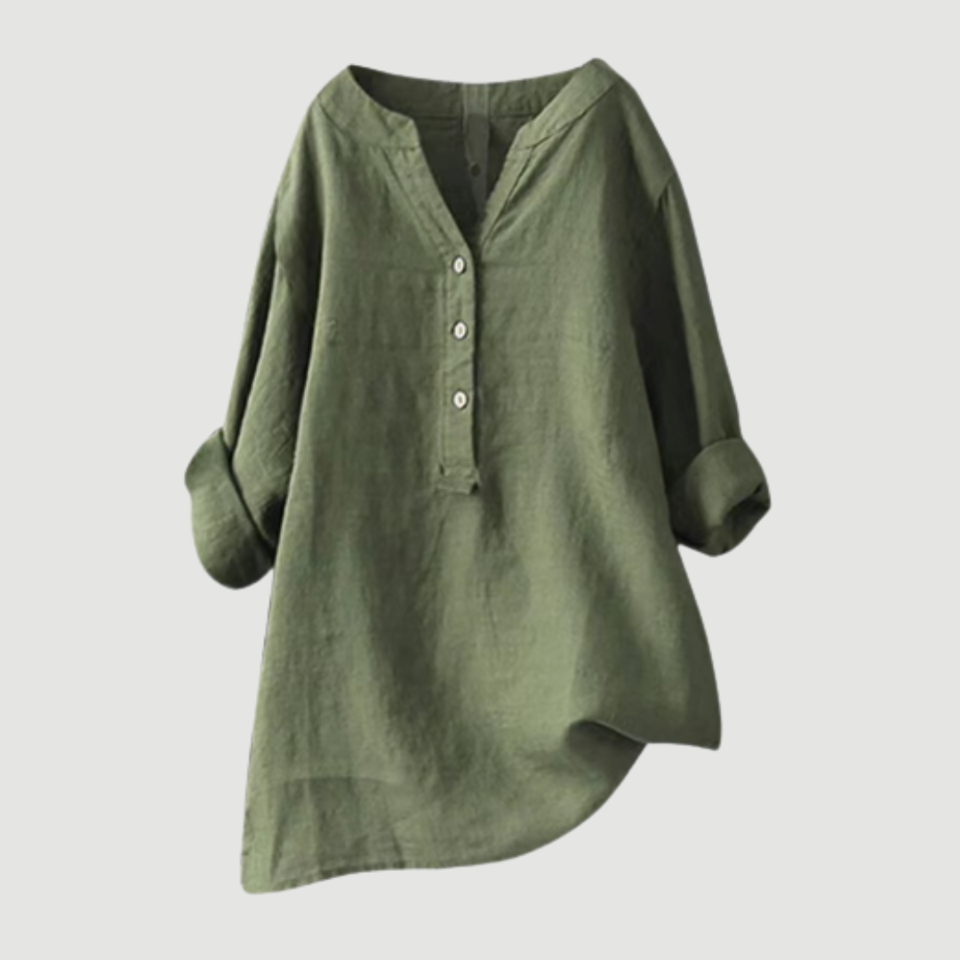 Women's Relaxed Button-Down Shirt in Lightweight Cotton – Versatile V-Neck Top for Warm Days, Perfect for Layering or Tucking, Classic Elegant Silhouette | Koossa