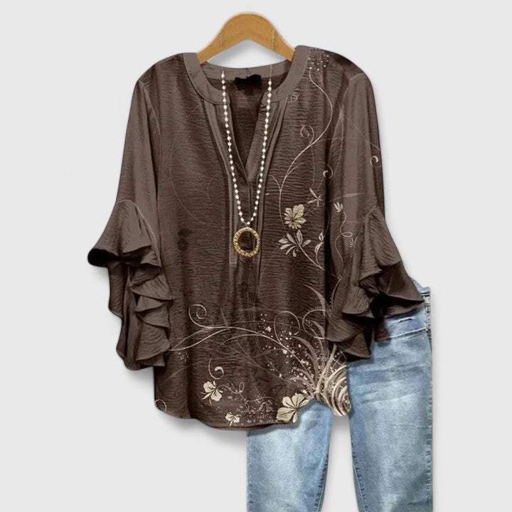 Women's Layered Ruffle Sleeve Blouse in Floral Print | Flowing Fit Feminine Top | Koossa