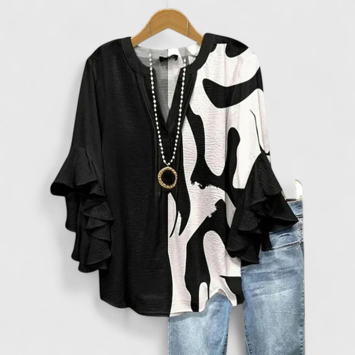 Women's Layered Ruffle Sleeve Blouse in Floral Print | Flowing Fit Feminine Top | Koossa