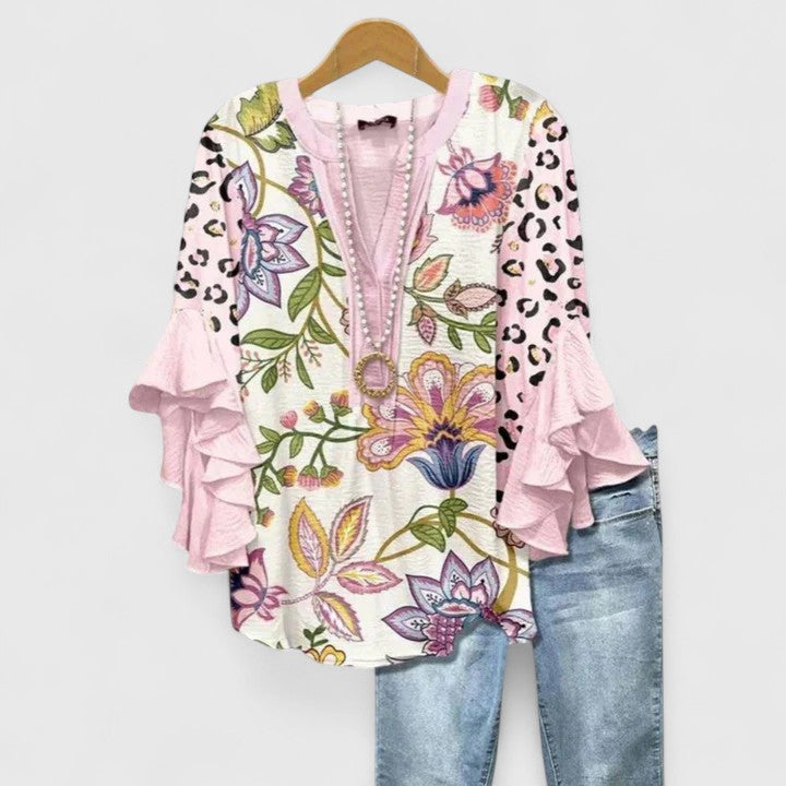 Women's Layered Ruffle Sleeve Blouse in Floral Print | Flowing Fit Feminine Top | Koossa