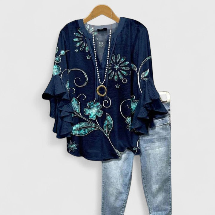 Women's Layered Ruffle Sleeve Blouse in Floral Print | Flowing Fit Feminine Top | Koossa