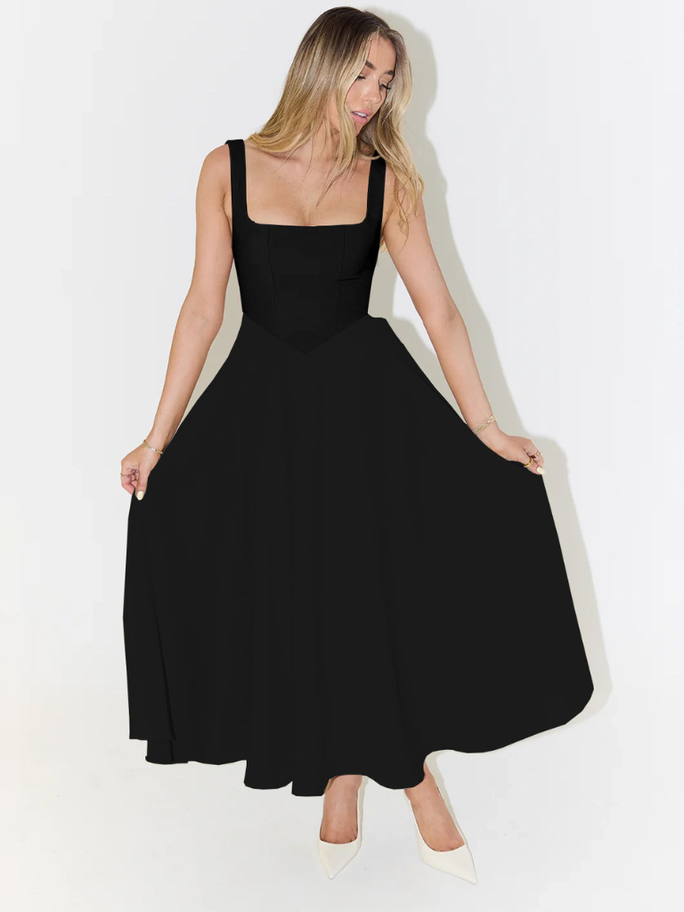 Women's Tailored Midi Dress with Square Neckline — Elegant Summer Wedding Guest Dress & Garden Party Outfit | Koossa