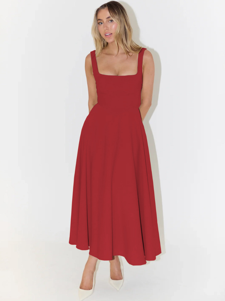Women's Tailored Midi Dress with Square Neckline — Elegant Summer Wedding Guest Dress & Garden Party Outfit | Koossa