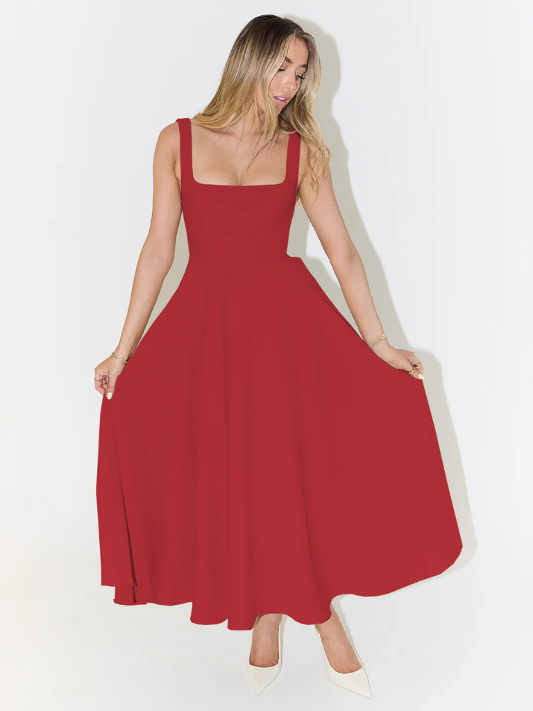 Women's Tailored Midi Dress with Square Neckline — Elegant Summer Wedding Guest Dress & Garden Party Outfit | Koossa