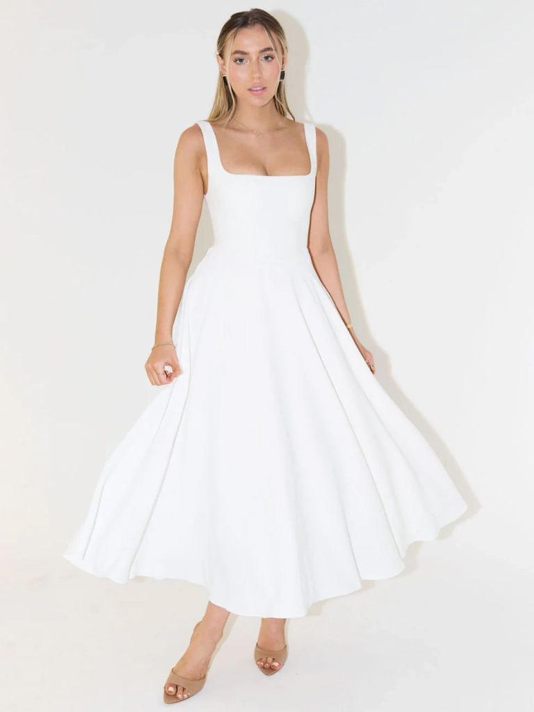 Women's Tailored Midi Dress with Square Neckline — Elegant Summer Wedding Guest Dress & Garden Party Outfit | Koossa