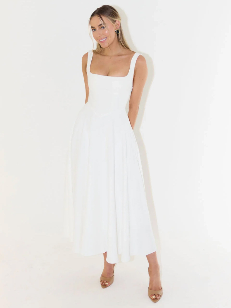 Women's Tailored Midi Dress with Square Neckline — Elegant Summer Wedding Guest Dress & Garden Party Outfit | Koossa