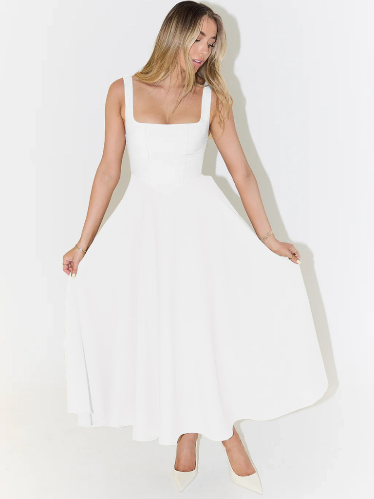 Women's Tailored Midi Dress with Square Neckline — Elegant Summer Wedding Guest Dress & Garden Party Outfit | Koossa