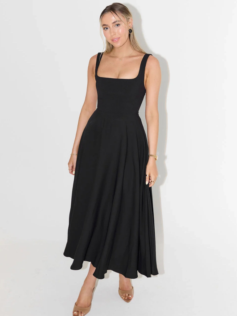 Women's Tailored Midi Dress with Square Neckline — Elegant Summer Wedding Guest Dress & Garden Party Outfit | Koossa